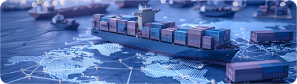 Container ship and global trade network over a world map
